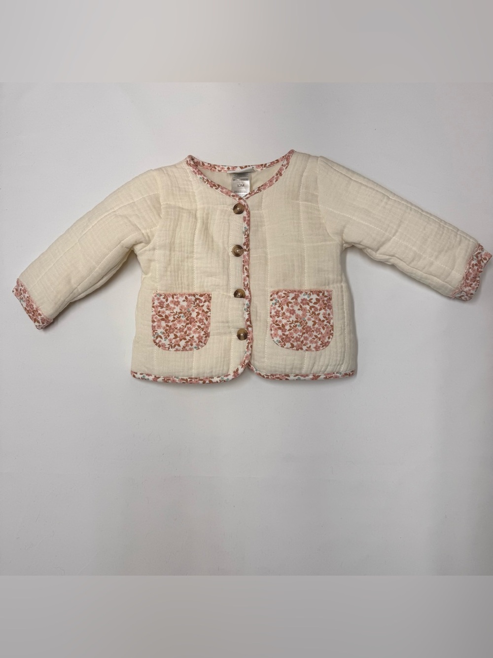 Nicole Miller Cream Quilted Baby Jacket with Floral Trim 12M